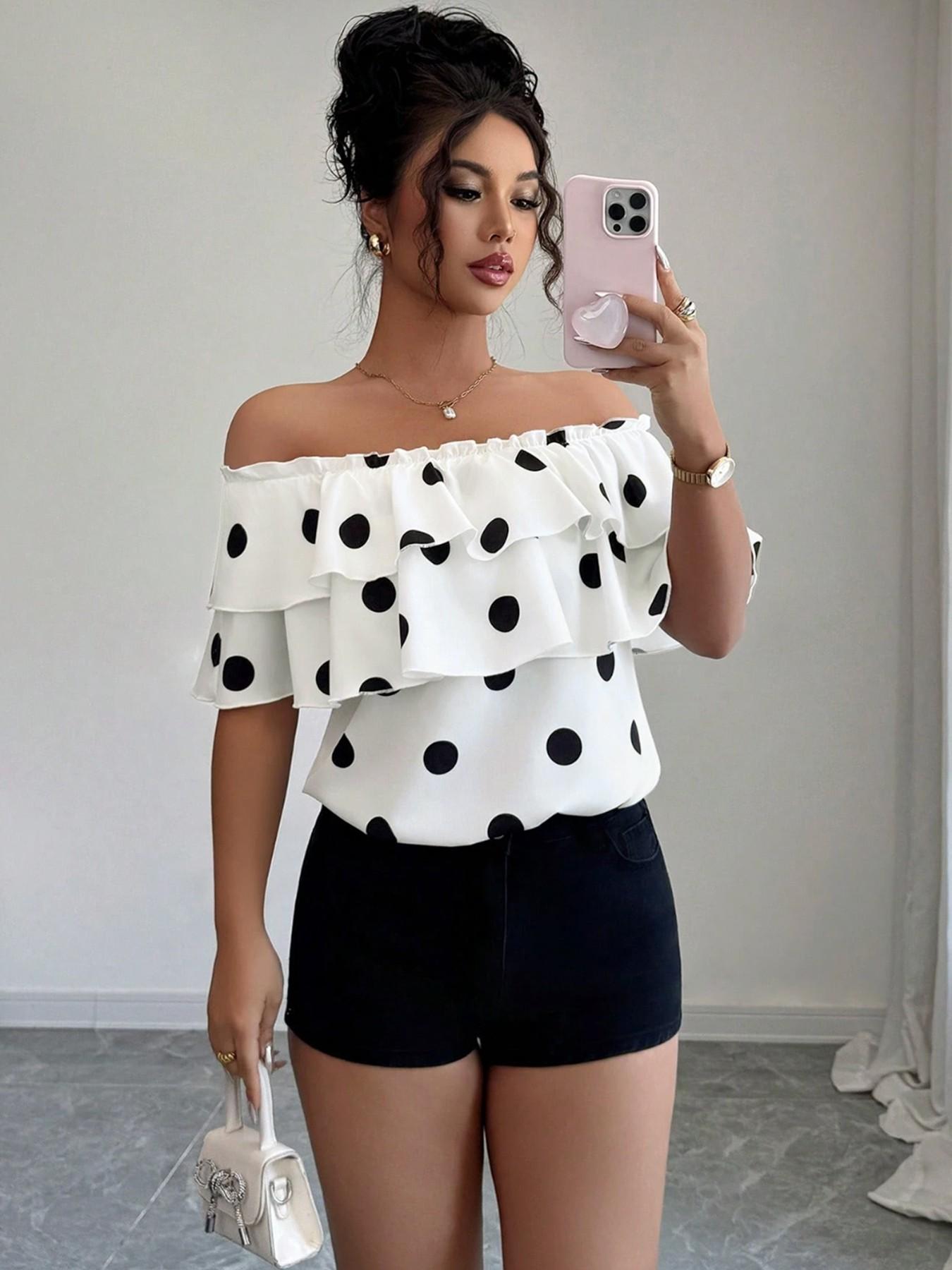 New Women's Polka Dot Top 2026, Casual Floral Print Layered Ruffled Shoulder Short Sleeve Shirt, Fashionable Ladies' Clothing