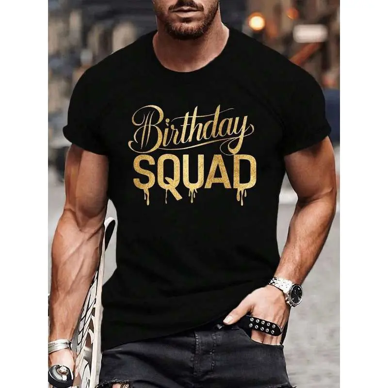 Men's Birthday Squad Graphic T-Shirt - Black With Golden Glitter Print, Casual Short Sleeve Tee For Parties, Holidays & Casual Attire