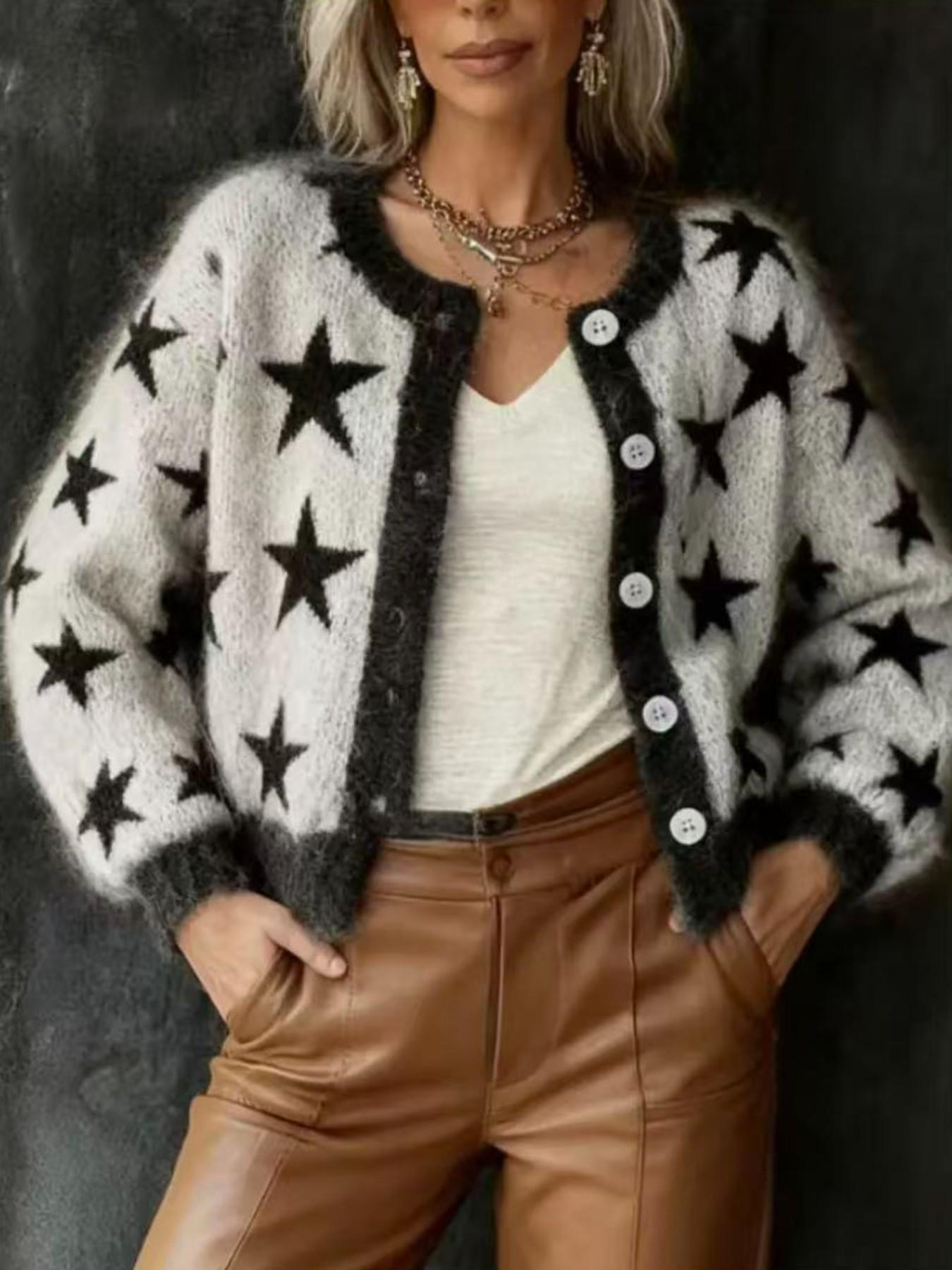 Women's Colorblock Star Knit Cardigan, Button Fall Winter New Arrival, Elegant and Youthful, Casual Fashion Long Sleeve Top, Round Neck Sweater Jacket