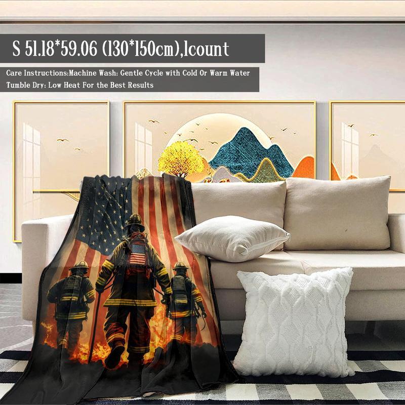 Firefighter & American Flag Pattern Blanket, 1 Count Soft Air-conditioned Room Throw, Warm Nap Blanket for Home Office Travel Camping, Figure Print Blanket