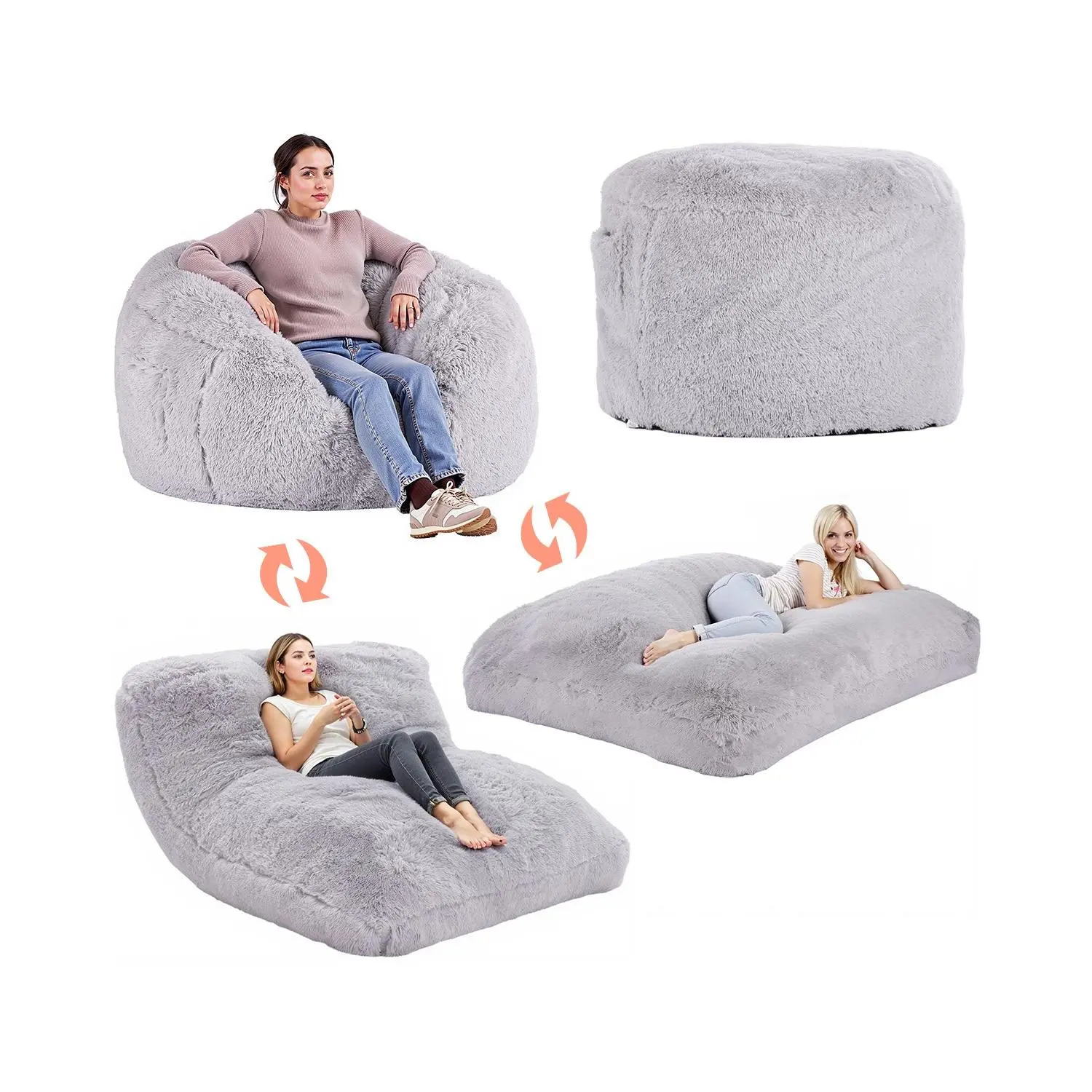 VEVOR Bean Bag Bed Chair, Convertible Chair from BeanBag to Lounge or Mattress, Gaint Bean Bag Chair Bed with Washable Cover for Adults, Fluffy Plush, Foam Filling and Side Pocket, Grey(Full Size)
