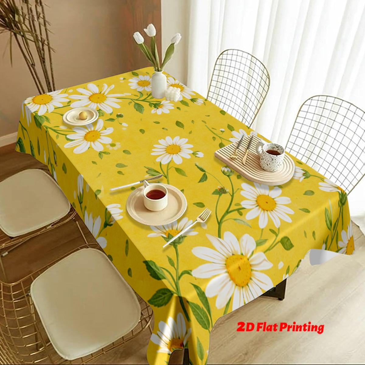 Floral Tablecloth, Bright Daisies, Easy-Clean Polyester, Rectangular Dining Table Cover, Party, Wedding, Home Decor