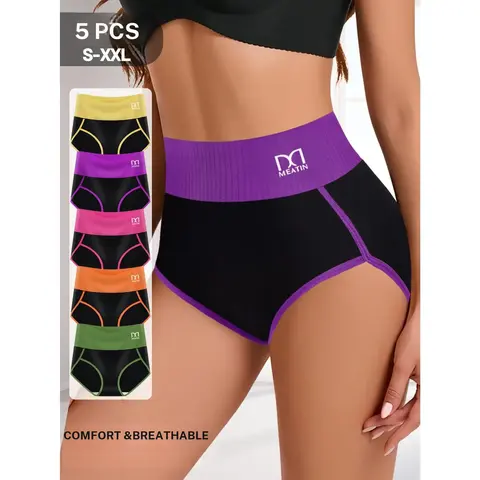 QUASTI Women's 5-Pc Color Blocking Cotton Blend Panties - High-Waisted, Breathable, High-Elasticity Hip-Lifting Briefs, Everyday Underwear for Women, 5-Pc Mix Set, Soft Fabric, Cute Elegant Style, S-XXL, Perfect Fit