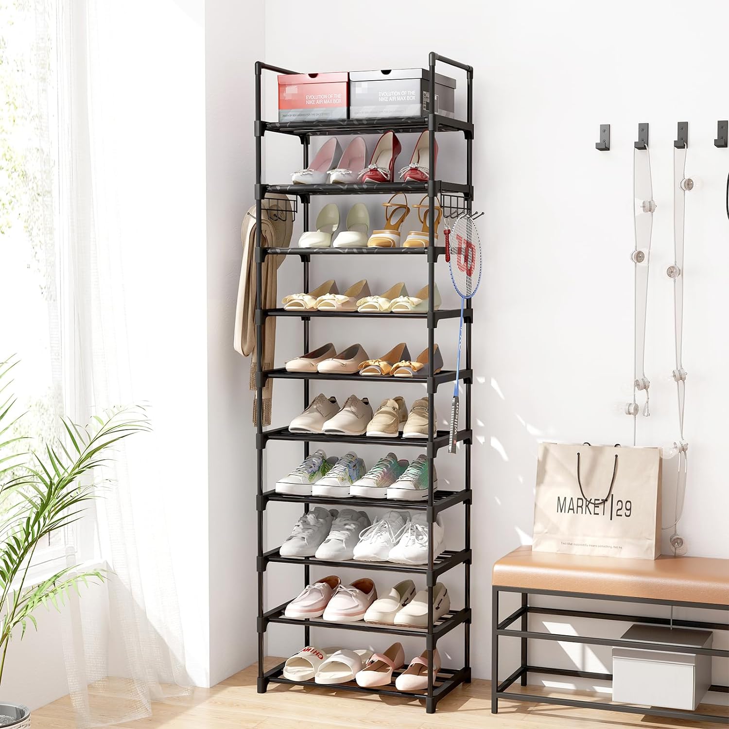 MOMOK Waterproof 10-Tier Metal Shoe Rack Set, Tall Organizer for 20-24 Shoes and Boots, with Hooks for Closet, Entryway, or Bedroom (Black).
