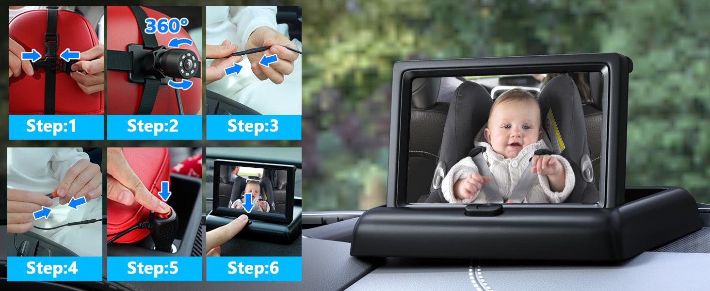 Car Mirror, Baby Car Camera for Moms, 4.3'' HD 1080P Monitor, Night Vision, Safety Car Seat Camera with Wide Crystal Clear View, 360° Rotation Plug and Play Easy Install Portable Baby Monitor for Car