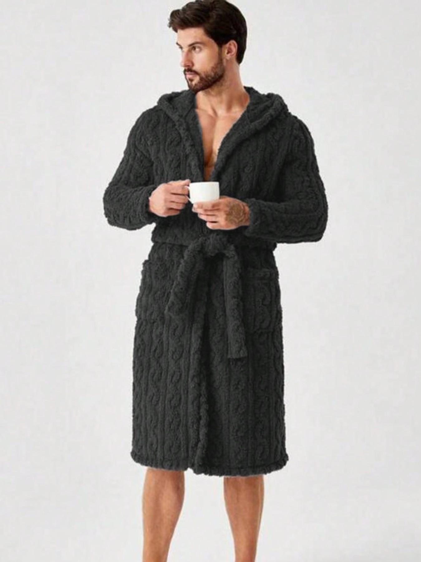 Men's Textured Pocket Belted Hooded Bathrobe, Loungewear, Casual Style, Comfortable and Stylish, Perfect for Relaxing at Home