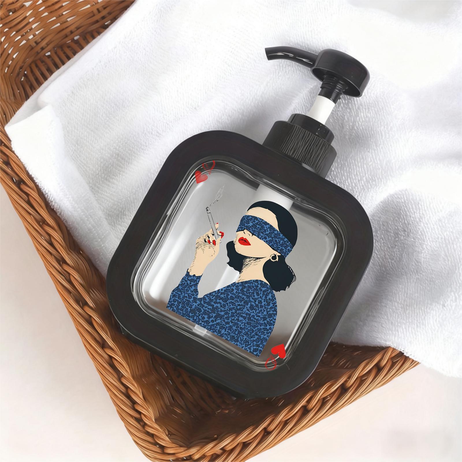 Moisturizing Soap Pump Bottle - Retro Queen of Hearts Design with Blue Blindfold & Floral Dress, Kitchen & Bathroom Soap Dispenser for Artistic Home Decor