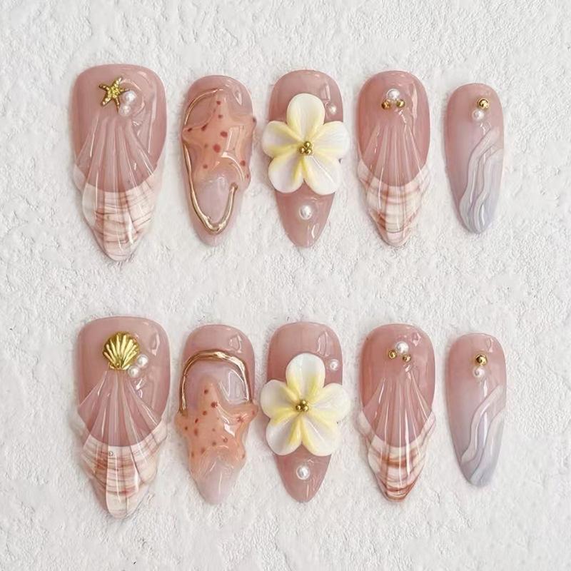 24Pcs Mid-length Gilded Almond Nails Set Press on 3D Flower Gradient Pink Full Cover False Nails Tips Pearl Reusable Fake Nails
