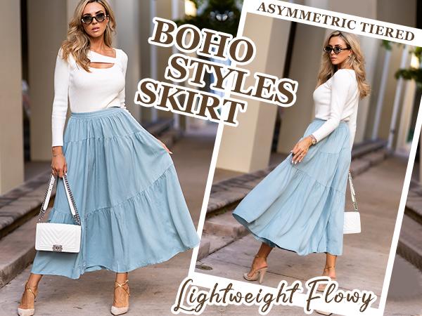 ANRABESS Women’s Boho Elastic High Waist Pleated A-Line Flowy Swing Asymmetric Tiered Maxi Long Skirt Dress with Pockets