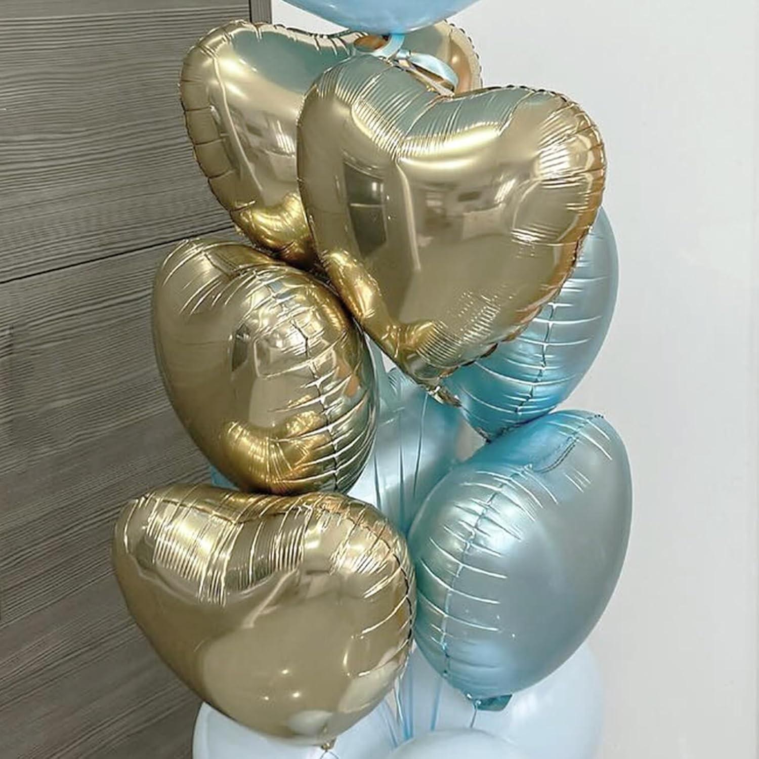 Golden heart-shaped balloon, 18 inch 12 piece set, gold foil heart-shaped balloon with 2 accessories, suitable for birthday parties, weddings, baby parties