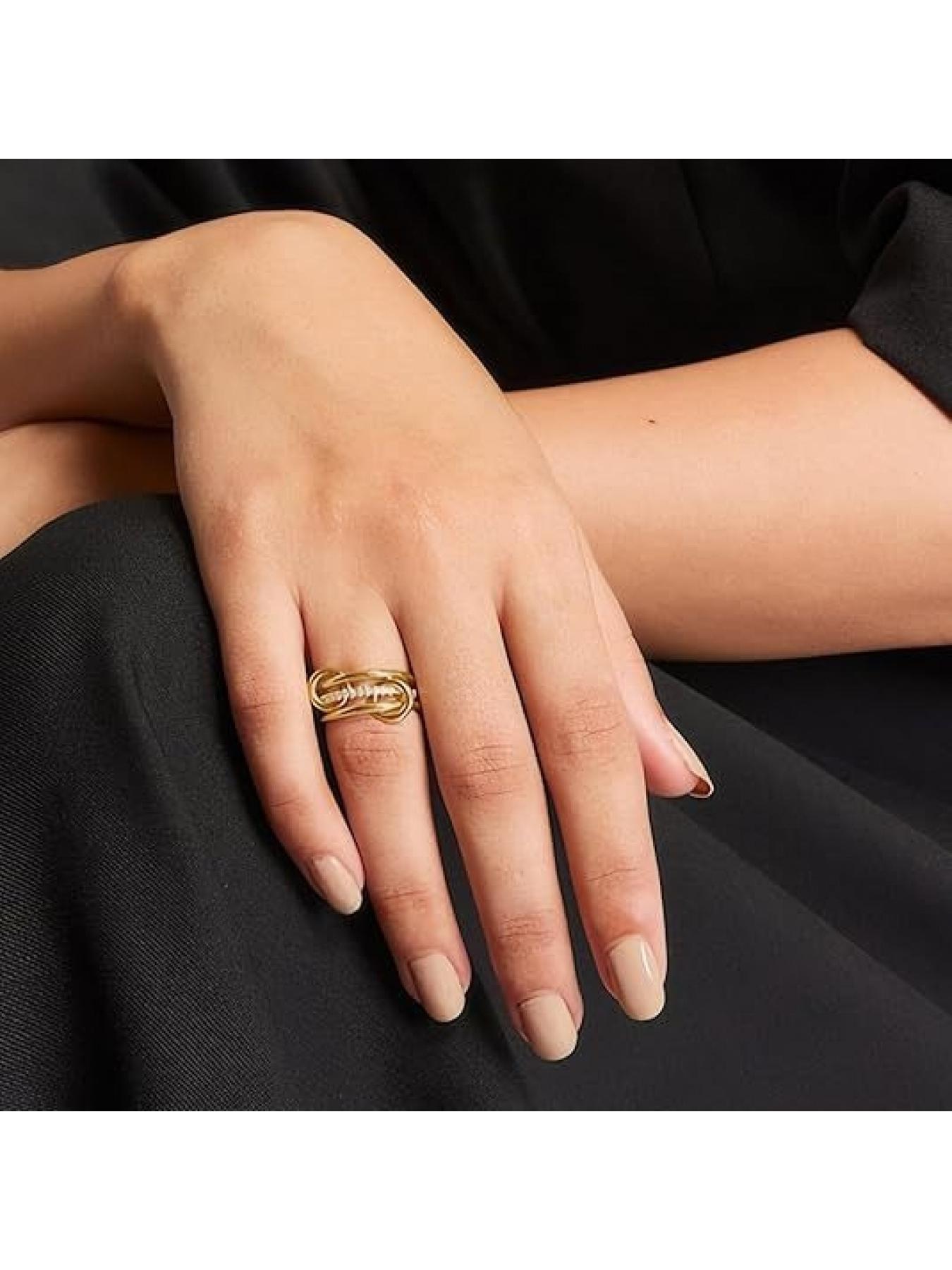 Stainless steel interlocking rings with full diamonds and wave-shaped three-ring design. New color combination and multi-element style.