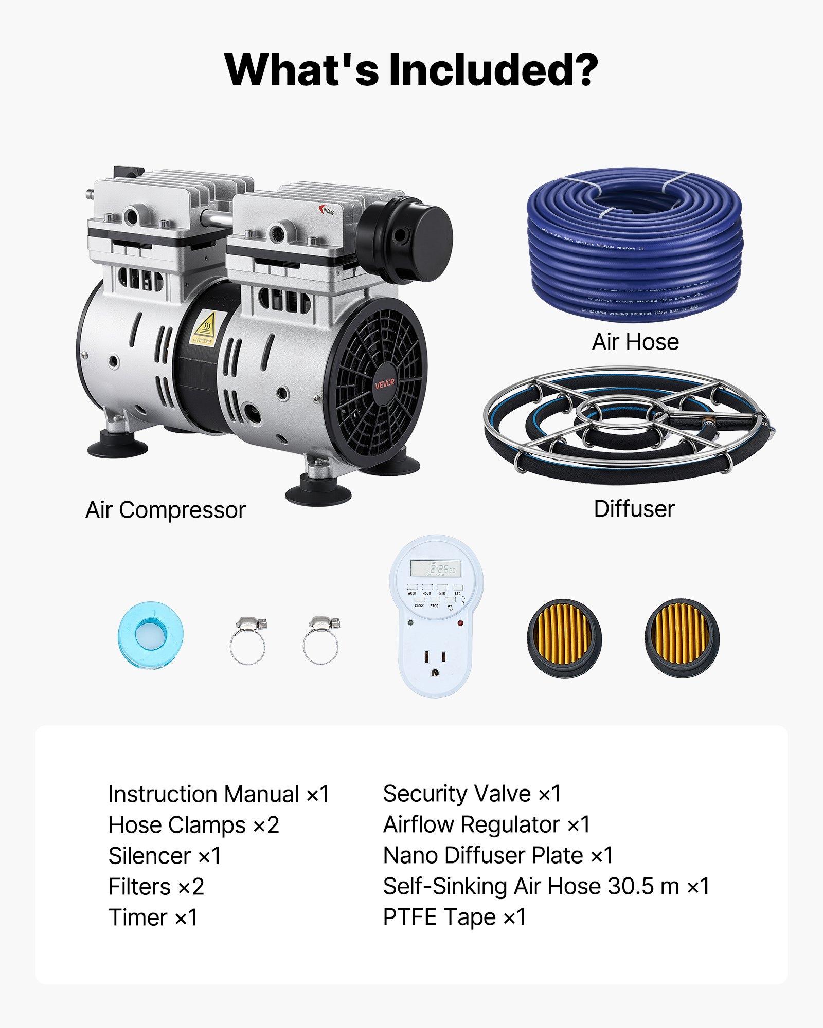 VEVOR Pond Aerator System, 3/4 HP Air Compressor (5.2CFM), 1 Diffuser, 100' Weighted Tubings, Deep Water Oxygen Boost Pump for Max 3-Acre Outdoor Lakes