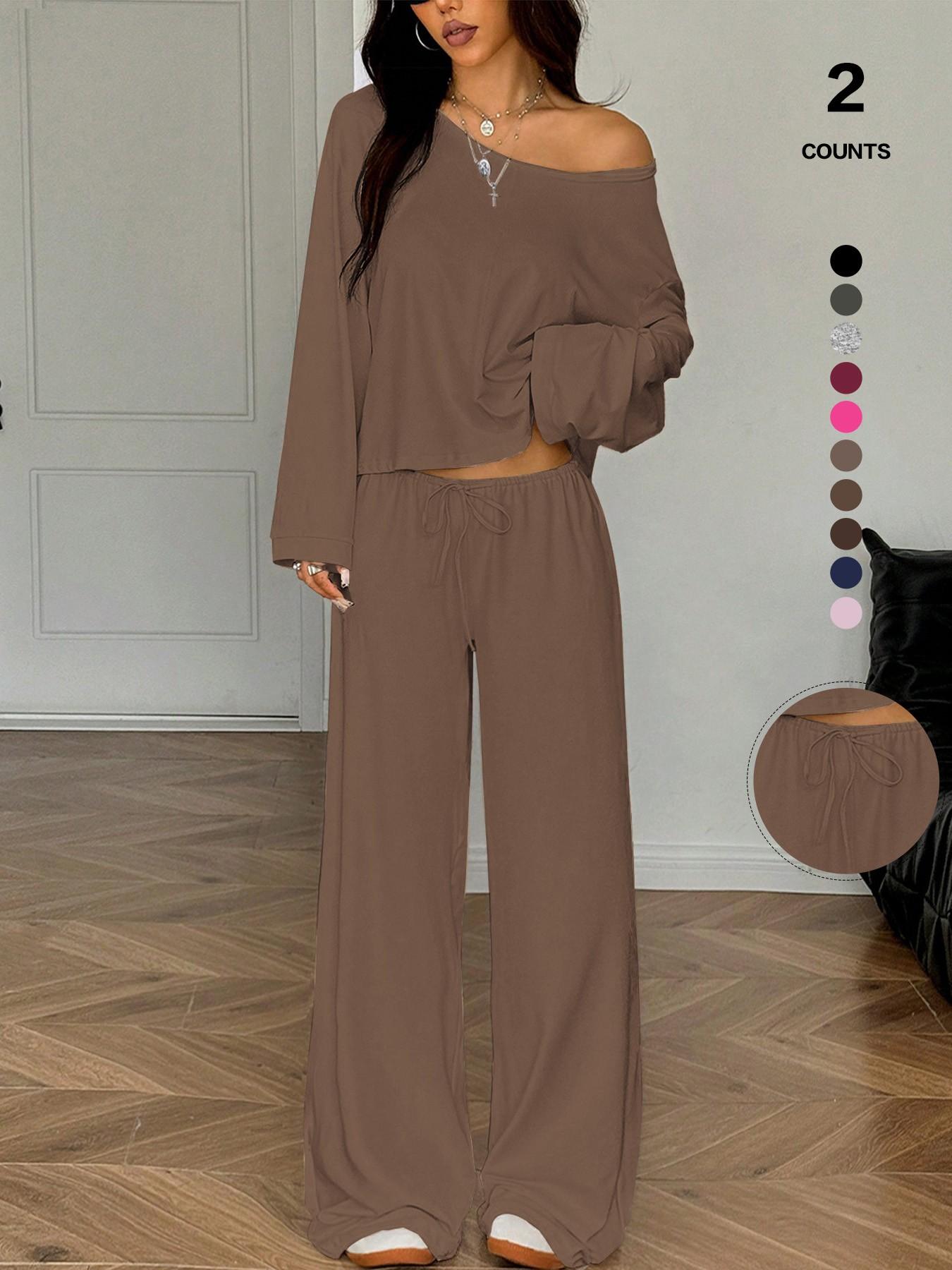 French Minimal Chic Cold Shoulder Cutout Two Piece Set, Summer Casual Loose Cropped Top & High Waist Adjustable Drawstring Trousers, Figure-Flattering Loungewear