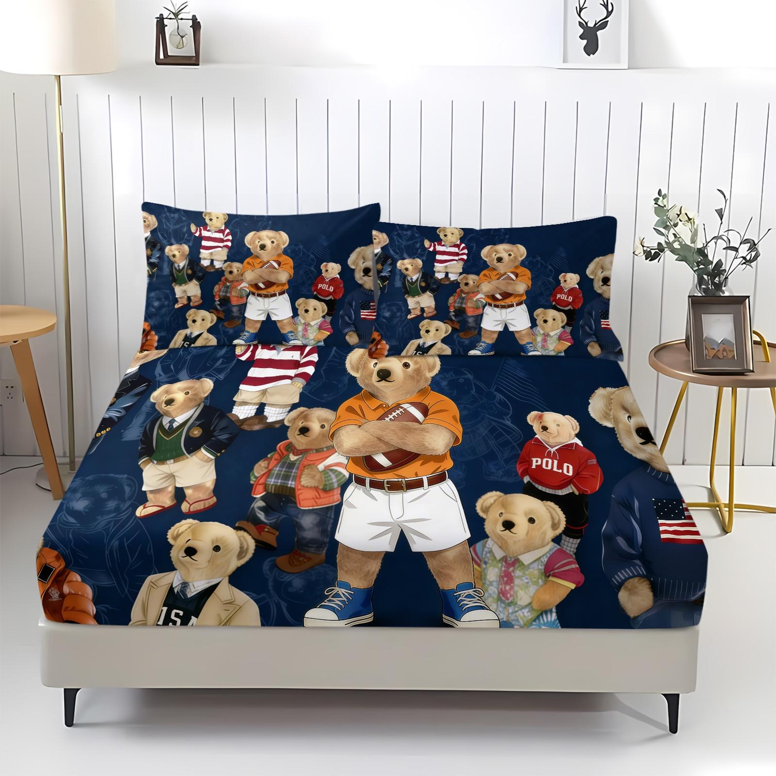 3-Piece Polo Bear Pattern Fitted Sheet Set, Soft And Durable Bedding Set Includes 1 Flat Sheet And 2 Pillowcases, Daily Holiday Birthday Gift Bedroom Decorations For Kids And Adults