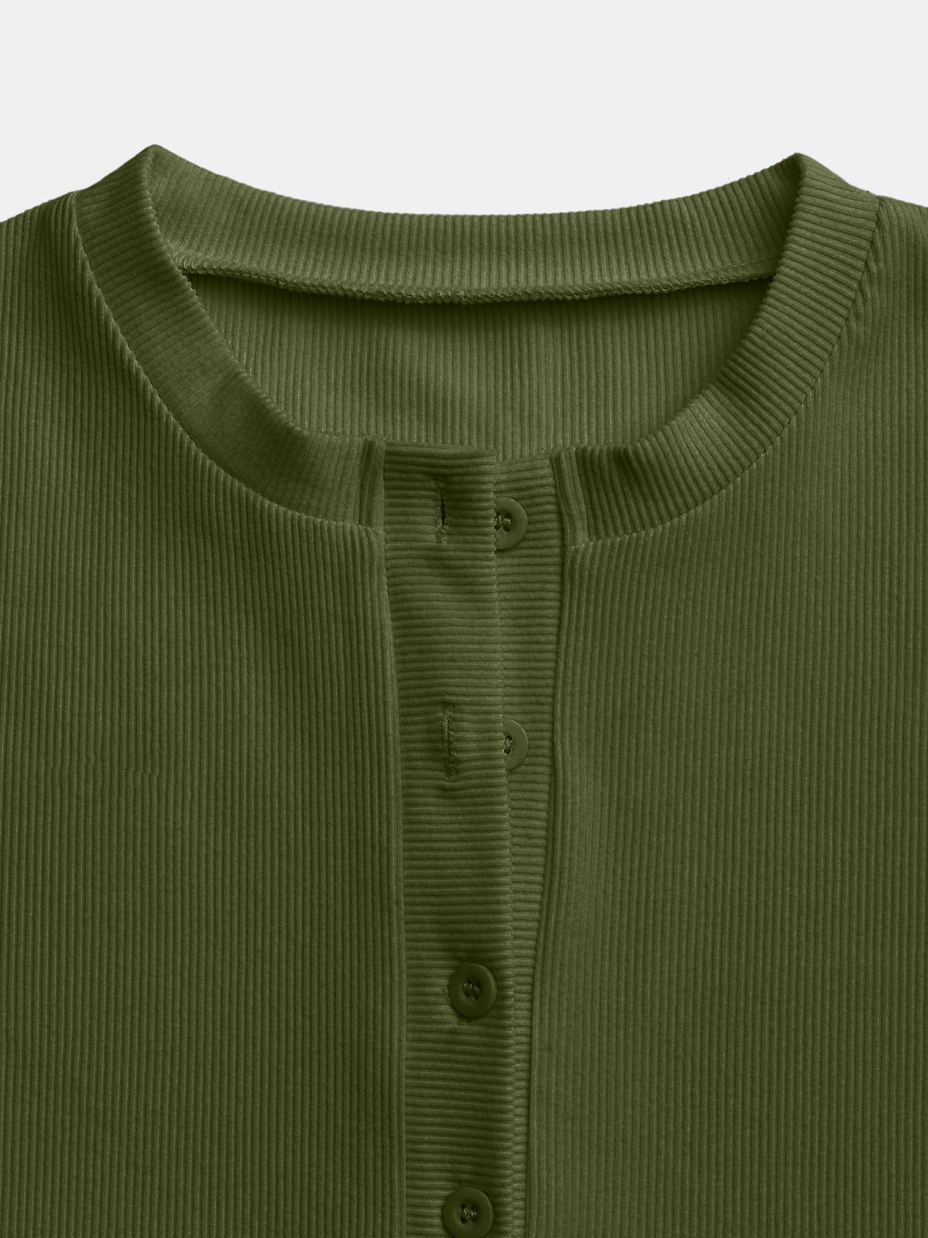 Women's Casual Round Neck Long Sleeve Button Front Top, Basic Solid Color Design, Extended Length, Perfect for Daily Wear, Womenswear