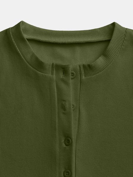 Women's Casual Round Neck Long Sleeve Button Front Top, Basic Solid Color Design, Extended Length, Perfect for Daily Wear, Womenswear