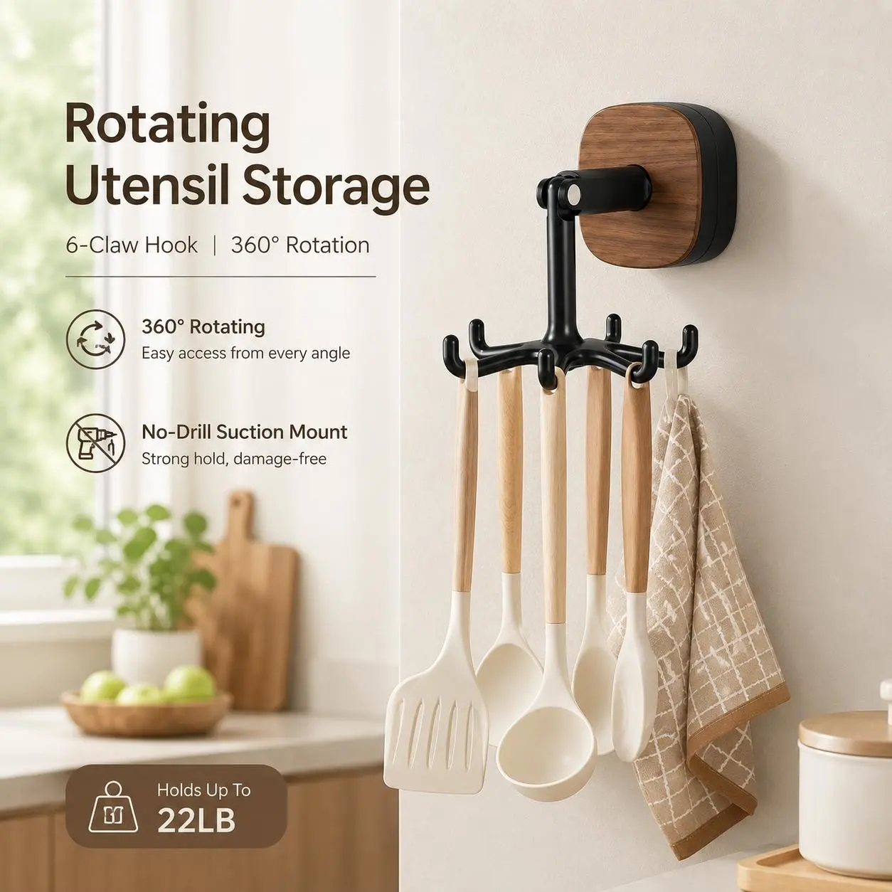 Suction-Mounted 360° Rotating 6-Claw Hook Organiser, Foldable Size Heavy-Duty Rack, No-Drill Kitchen Storage Hanger for Spoons, Towels (Indoor Recreation Use, Walnut Styles Available)