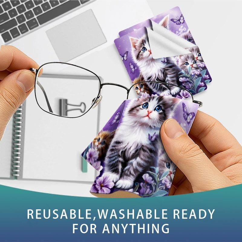1/3/6/14pcs Kitten - Themed Cleaning Cloth, Suitable For Camera Lenses, Eyeglasses, Multiple Specifications Available, Single - Sided, Soft Material, Ideal For Home Use, Magical Purple Kitten Design