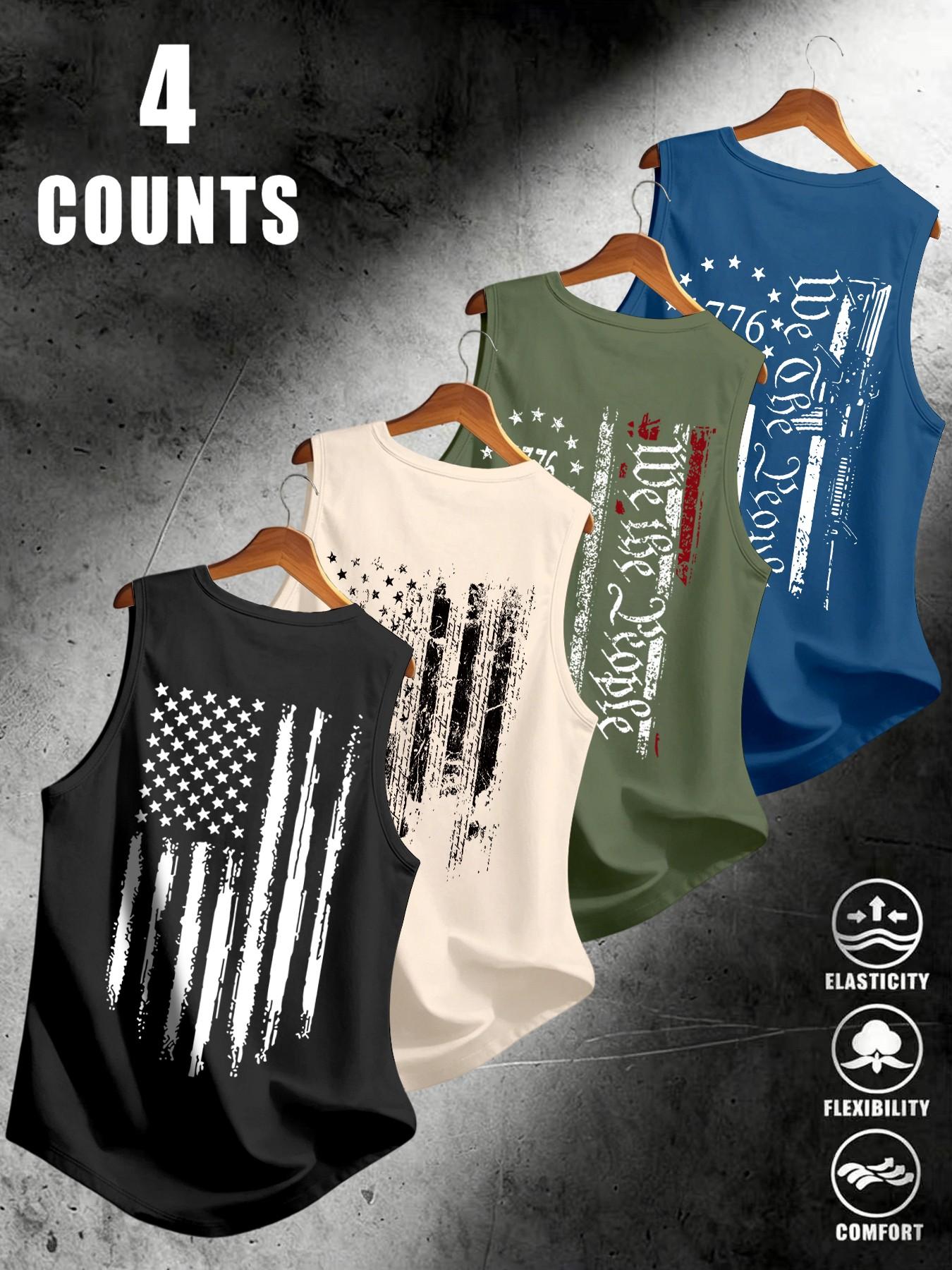 American Flag Print Men's Sleeveless Vest Set of 4, Breathable Stretchy Fabric, Sporty Fit, Comfortable Fashion for Daily Street Wear