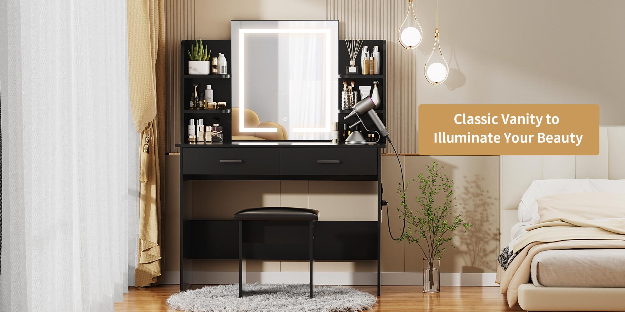 VOWNER Modern Makeup Vanity Desk with Lighted Mirror,2 Drawers,Cushioned Stool for bedroom, vanity mirror vanity table,Furniture Interior