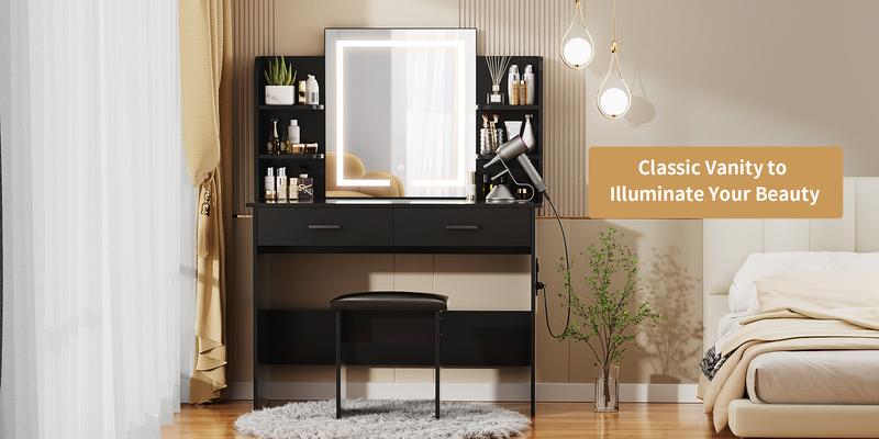 VOWNER Modern Makeup Vanity Desk with Lighted Mirror,2 Drawers,Cushioned Stool for bedroom, vanity mirror vanity table,Furniture Interior