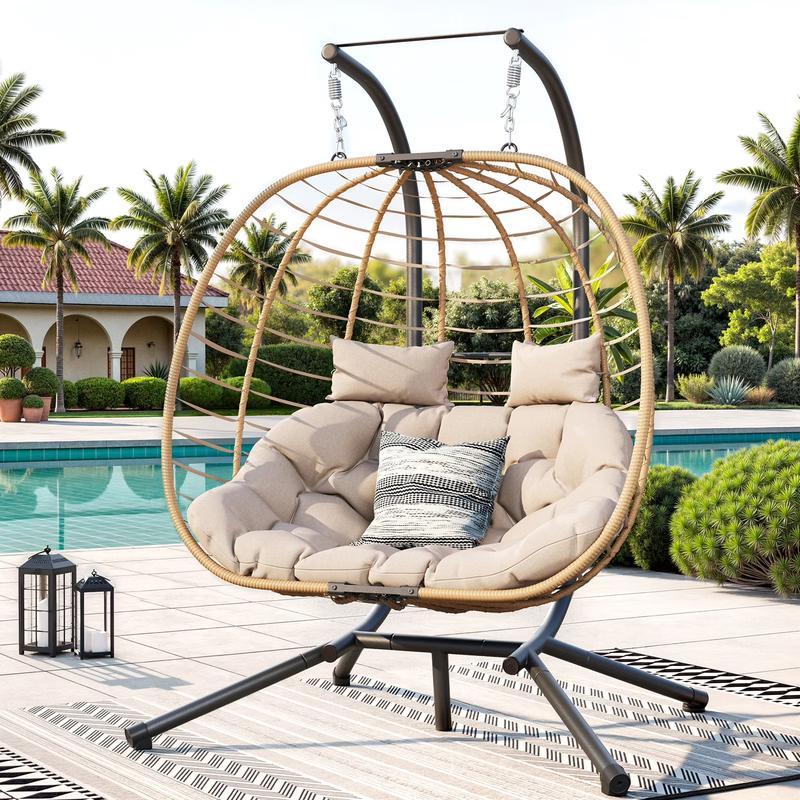 UDPATIO Double Wicker Swing Egg Chair 2 Person Foldable Hanging Egg Chair with Stand, Porch Swing Loveseat for Patio, Balcony, Porch, Indoor，Outdoor,