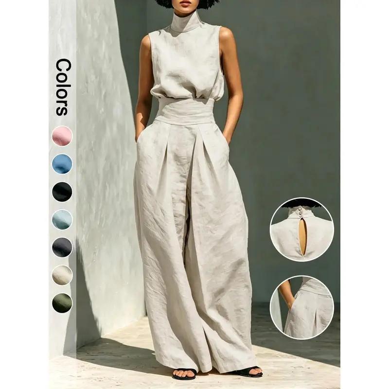 D2110 Solid Color High Neck Athleisure Two Piece Set For Women Elegant Sleeveless Top Matching Flowy Drape Wide Leg Pants Pockets Classic Old Money Aesthetic Casual Everyday Co Ord Outfit Clothes