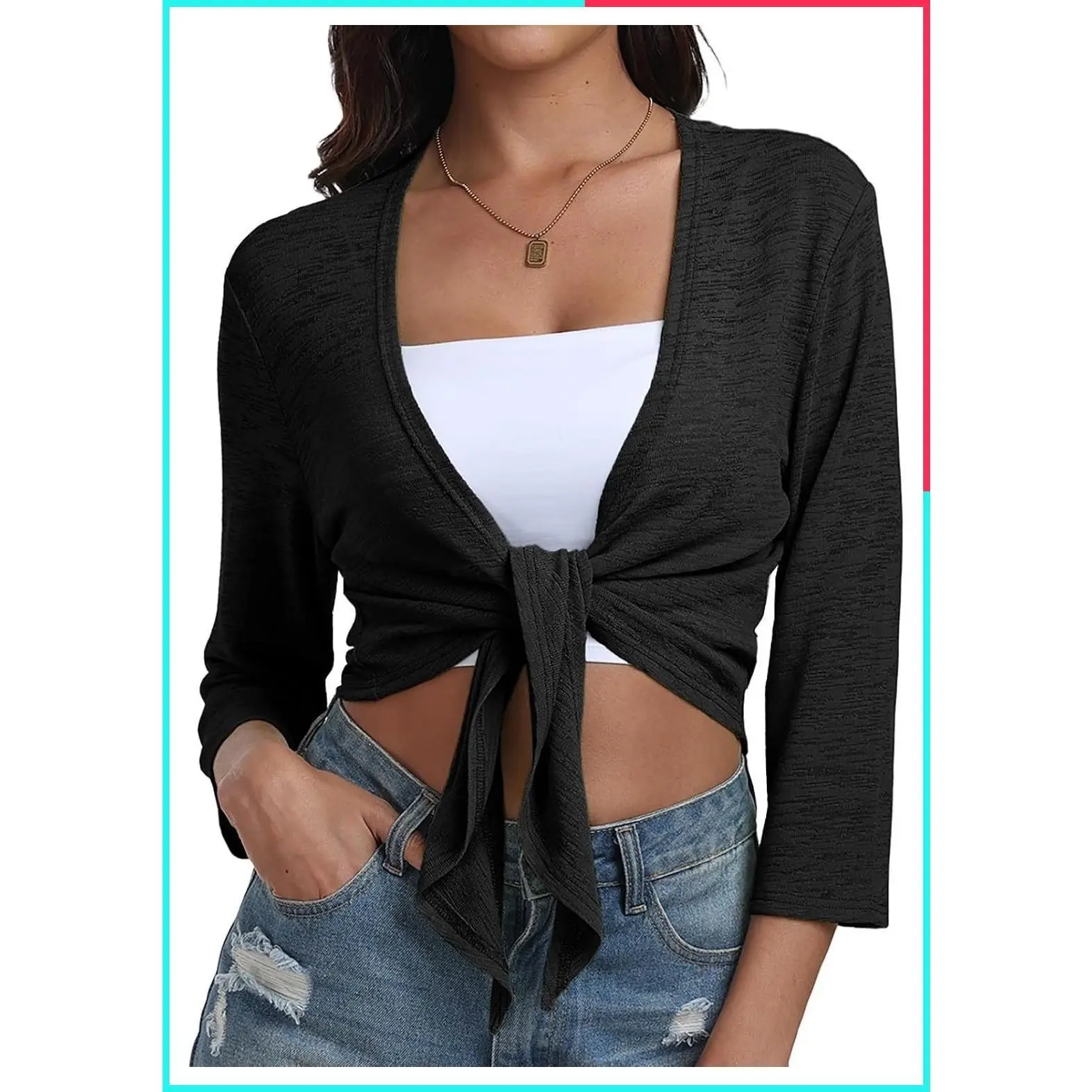 Women's Tie Front Shrug, 3/4 Sleeve Bolero Cardigan, Lightweight Summer Casual Short Shawl Top, S-4XL