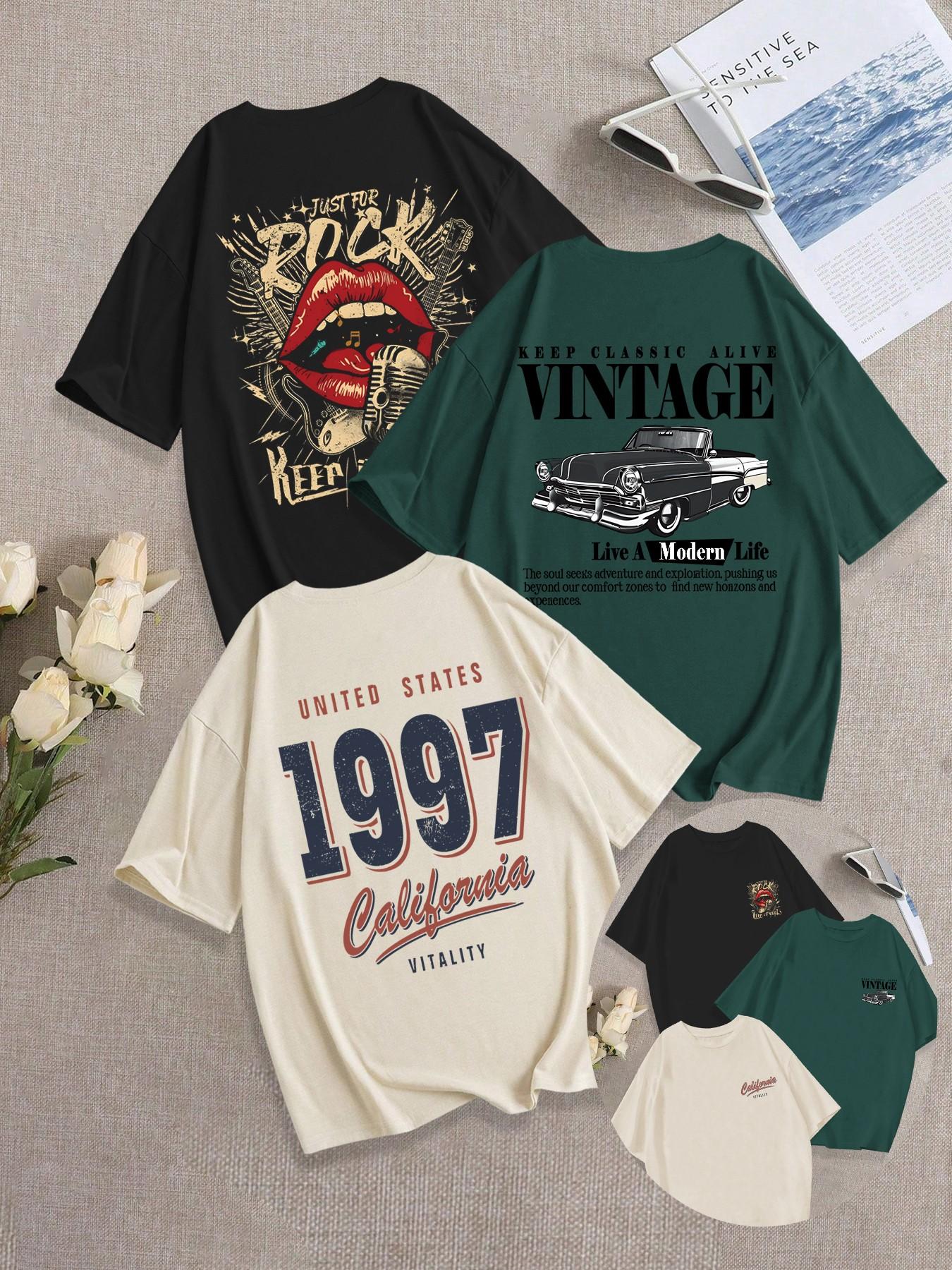 3-Pack Breathable Casual, Classic Loose Fit Round Neck T-Shirt, Vintage Comfortable Mouth/Car Pattern Print Daily Wear, Trendy Summer Tee