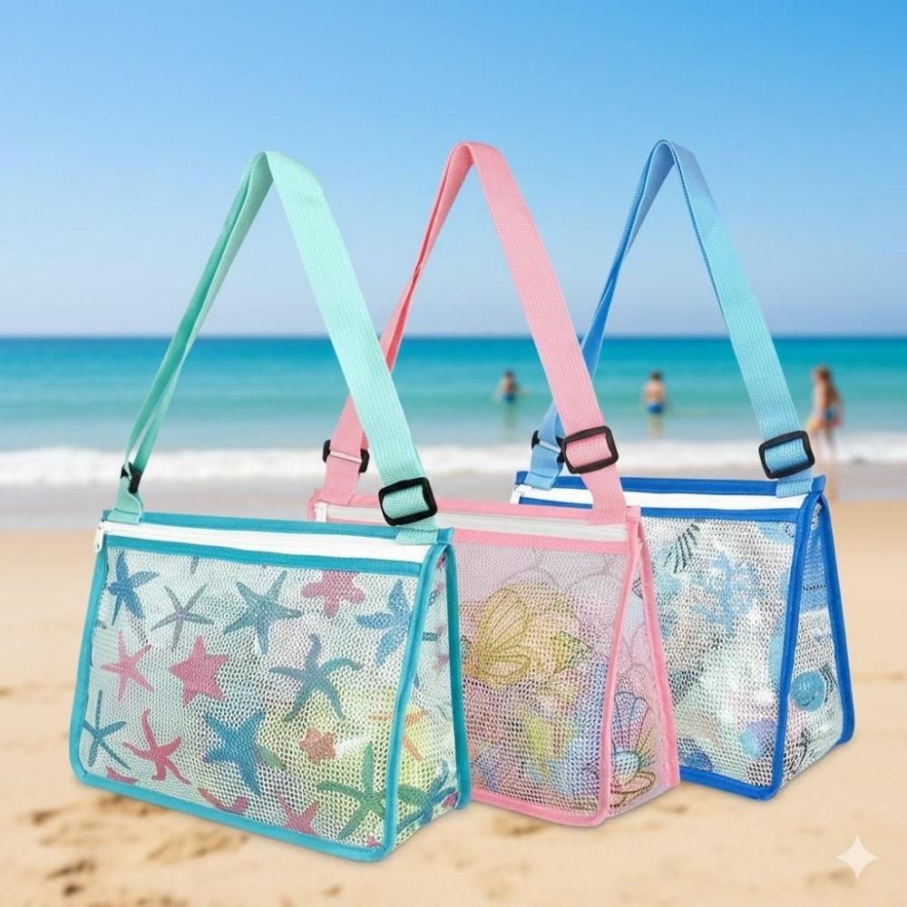 Beach Toy Storage Mesh Bag, Kids Shell Collection Pouch with Zipper, Waterproof Swim Gear Carrier for Boys and Girls, Portable Net Bag for Beach Toys, Holds Sand Buckets Shovels, Storage Carrying Bag, Organizational Zipper Storage, Zippered Storage
