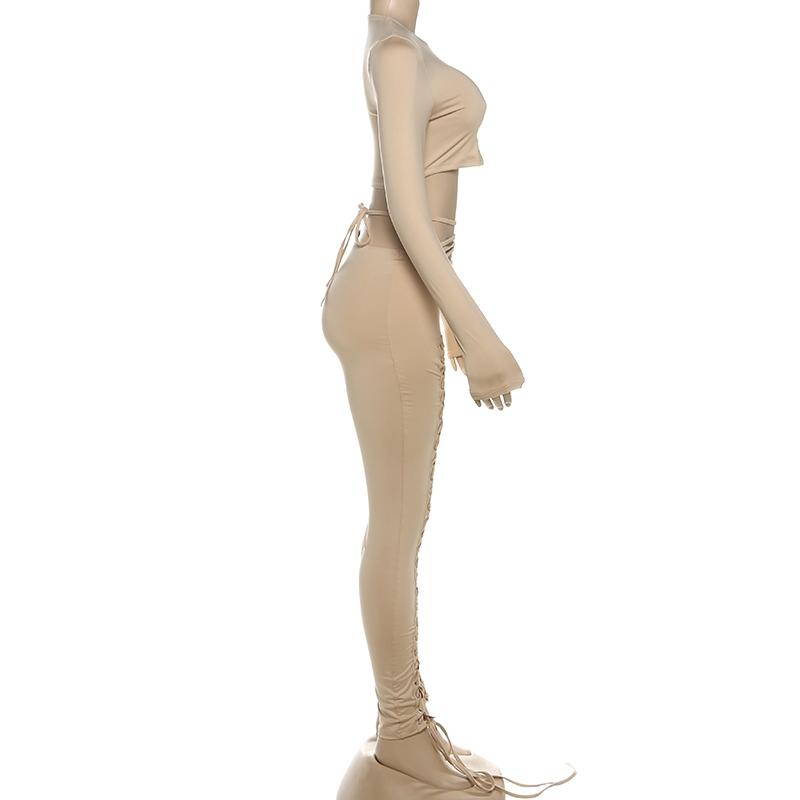 DOUCIU Trendy And Personalized Street Hip-Hop Sports Casual Streetwear Tracksuit Set Stretchy Suit Set Solid Color Basic Women'S Thin Long Sleeved Crop Top Paired With Adjustable Perforated Drawstring Pants Two-Piece Set