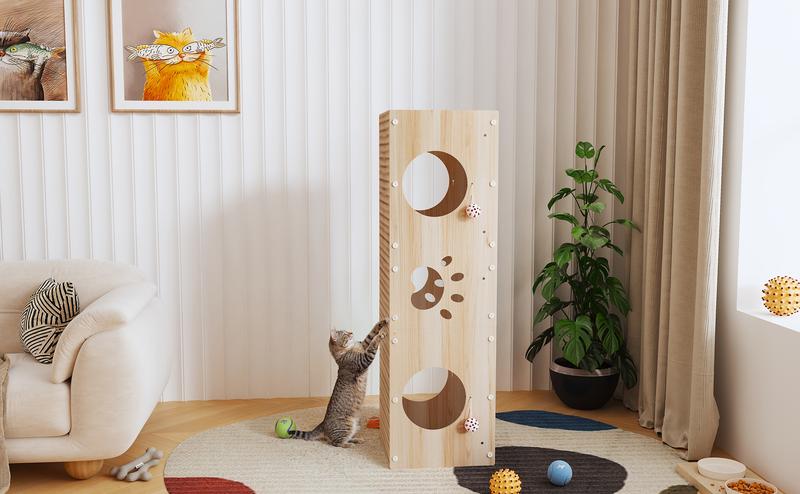 IRONCK 39" Long Large Wooden Cat House & Scratcher with Ball Toy | 2-in-1 Pet Furniture for Indoor Cats, Durable Cat Bed & Playhouse