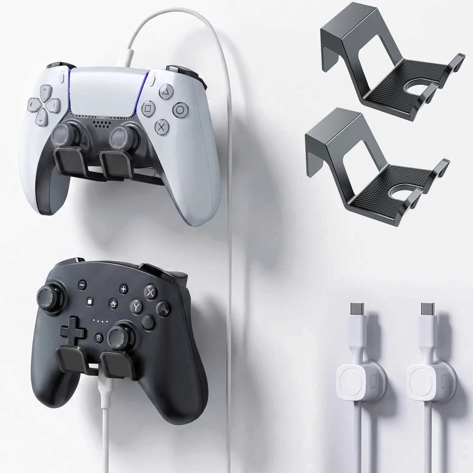 Wall-Mounted Controller Stand, Adhesive Game Pad Holder, No Drilling Handle Hook with Cable Clip, Game Console Accessories, Compatible with Ps5, Ps4, Xbox, Switch
