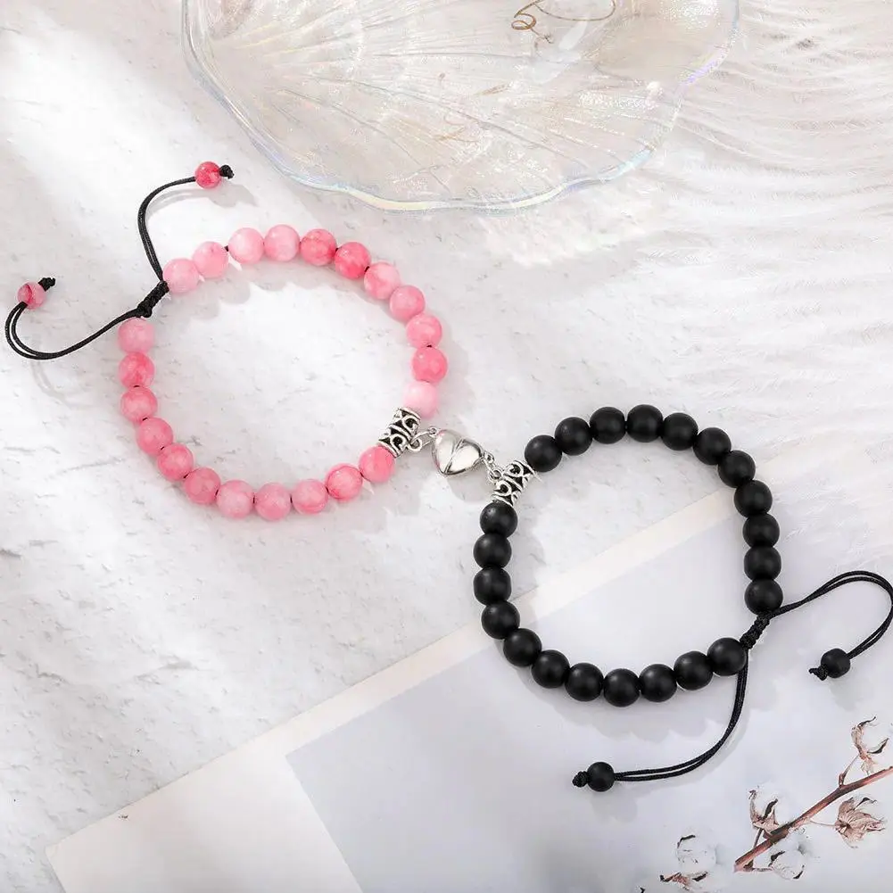 Unisex Magnet Couple Bracelets with Natural Stone Beads, Heart Motif & Romantic Look, Valentine's Gift Yoga Jewelry for Lovers, Everyday Use