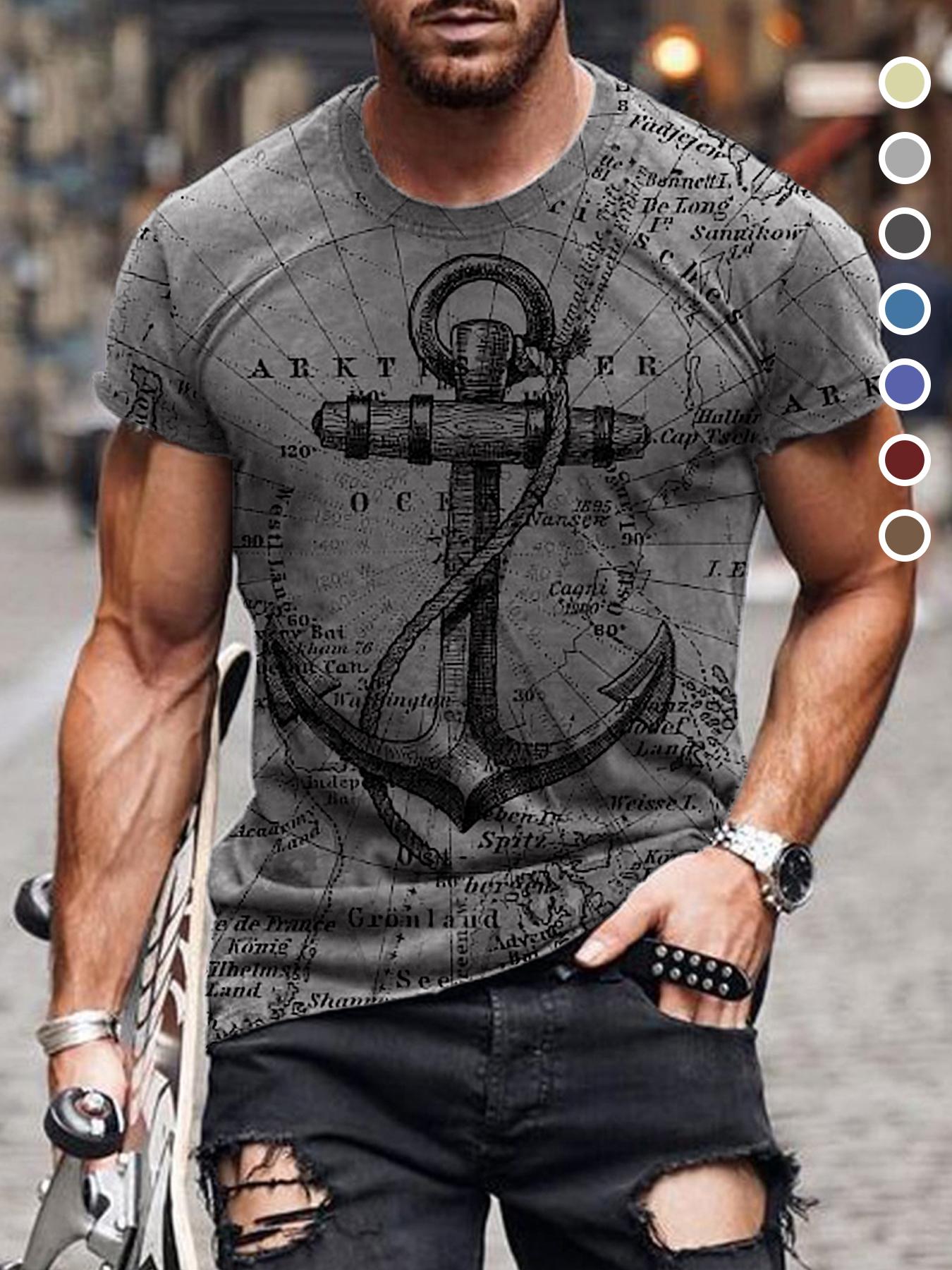 Men's Letter & Anchor Print Round Neck Tee, Summer Clothes Casual Regular Fit Short Sleeve T-Shirt for Summer, Mens Clothes for Daily Wear