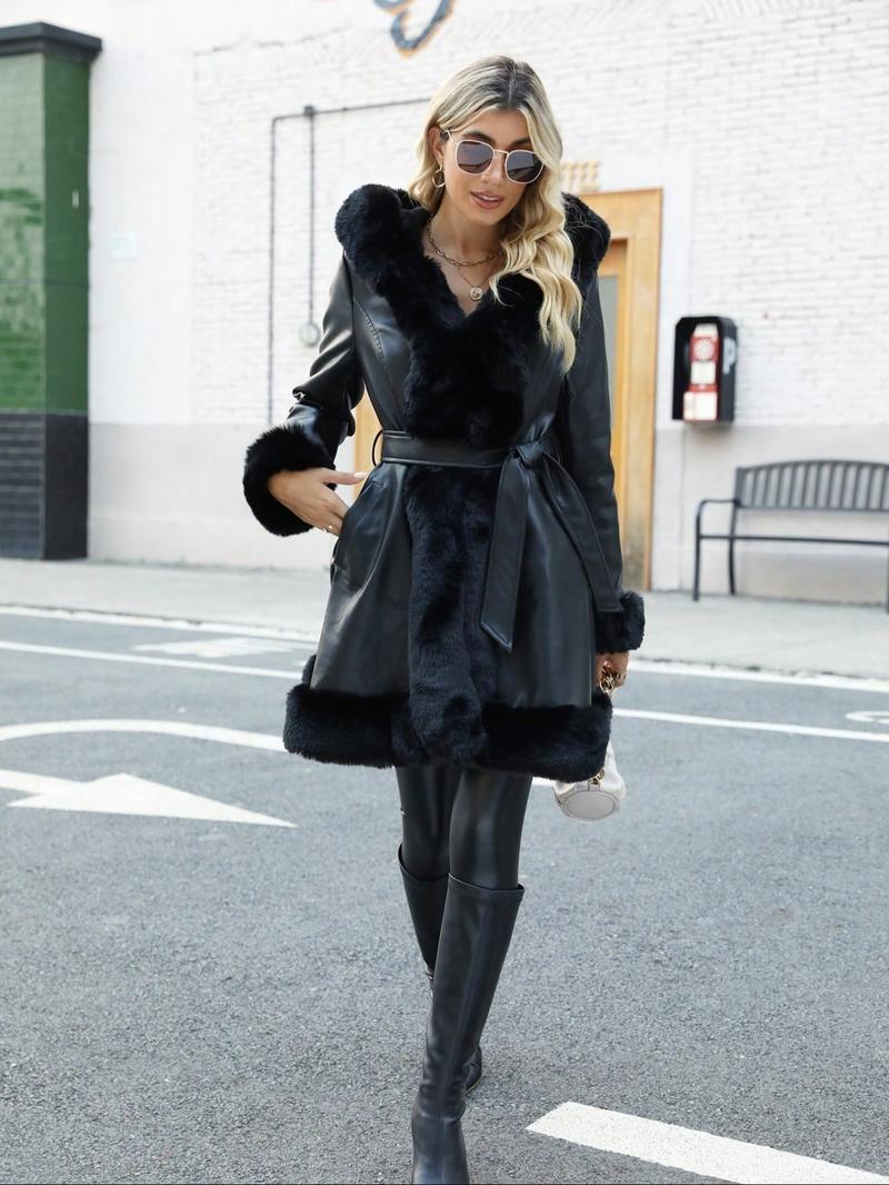 Women's Fall Winter PU Jacket, Long Sleeve Fitted Coat with Hood, Casual Warm Daily Wear, Detachable Belt Included