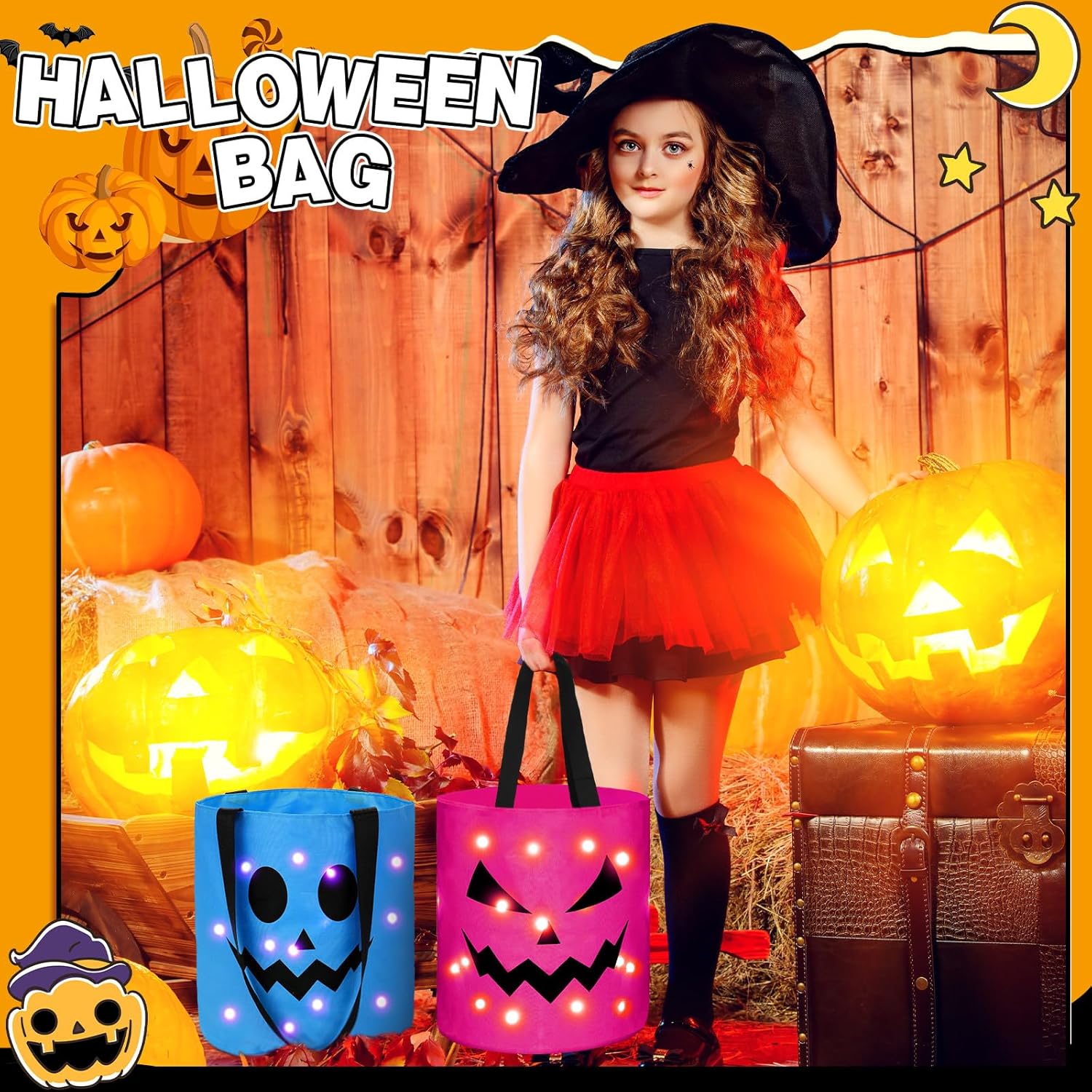 4-Pack LED   halloween Treat Bags  Night Light Bag Pumpkin Candy Buckets for Trick-or-Treating  halloween inside deco