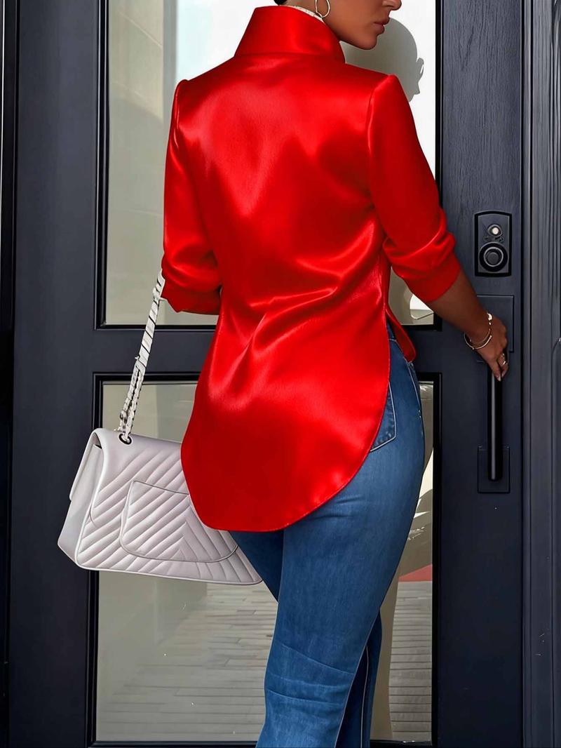 European and American style satin collared shirt for women, side slit, flowing drape, elegant long-sleeved top for commuting. European and American style satin collared shirt for women, side slit, flowing drape, elegant long-sleeved top for commuting.