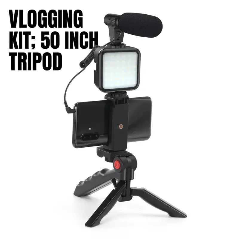 Smartphone Video Kit, Video Blog Kit, Vlogging Kit with Microphone Selfie Fill Light Tripod, 50 Inch Extendable Phone Clip Remote Control Compatible with iPhone/Cameras, Photoshoot Accessories, Videography Equipment, Selfie Vlogging Accessory