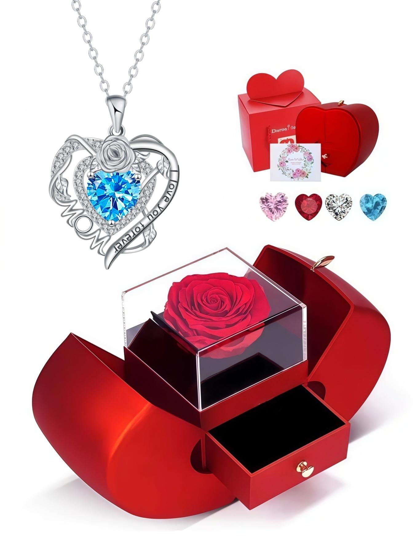 Rose Heart Forever Mom Original heart-shaped rose pendant, elegant and versatile simple clavicle necklace.Paired with an apple-shaped preserved rose jewelry gift box.Ideal gift for birthdays, Mother’s Day, Valentine’s Day and Christmas.