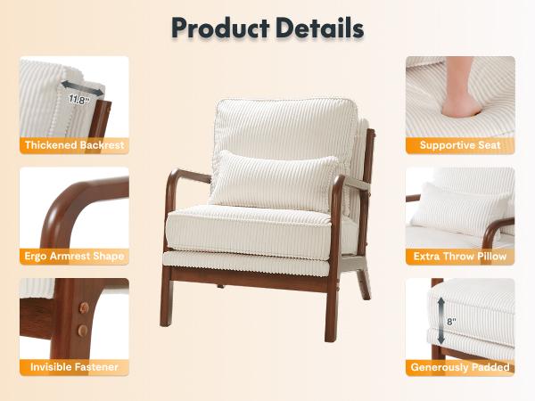 【Valentine Day Sale】FLEXISPOT AC1 Mid-Century Modern Accent Chairs, Corduroy Upholstered Armchairs with Wooden Frame, Thick Backrest & Lumbar Pillow, Comfortable Reading Chairs for Living Room, Bedroom, Balcony, Office