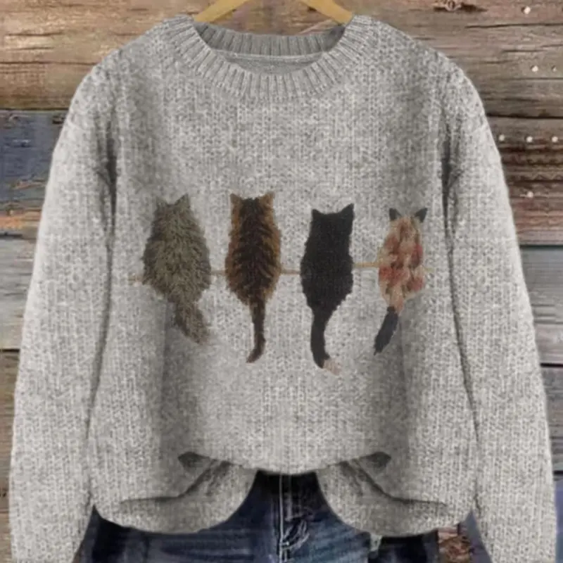 Women's Cat Print Drop Shoulder Soft Knitted Sweater, Casual Long Sleeve Round Neck Animal Print Jumper for Fall & Winter, Fashion Ladies' Knitwear for Daily Wear, Womenswear, Knitting Fit, Casual Loose Jumpers