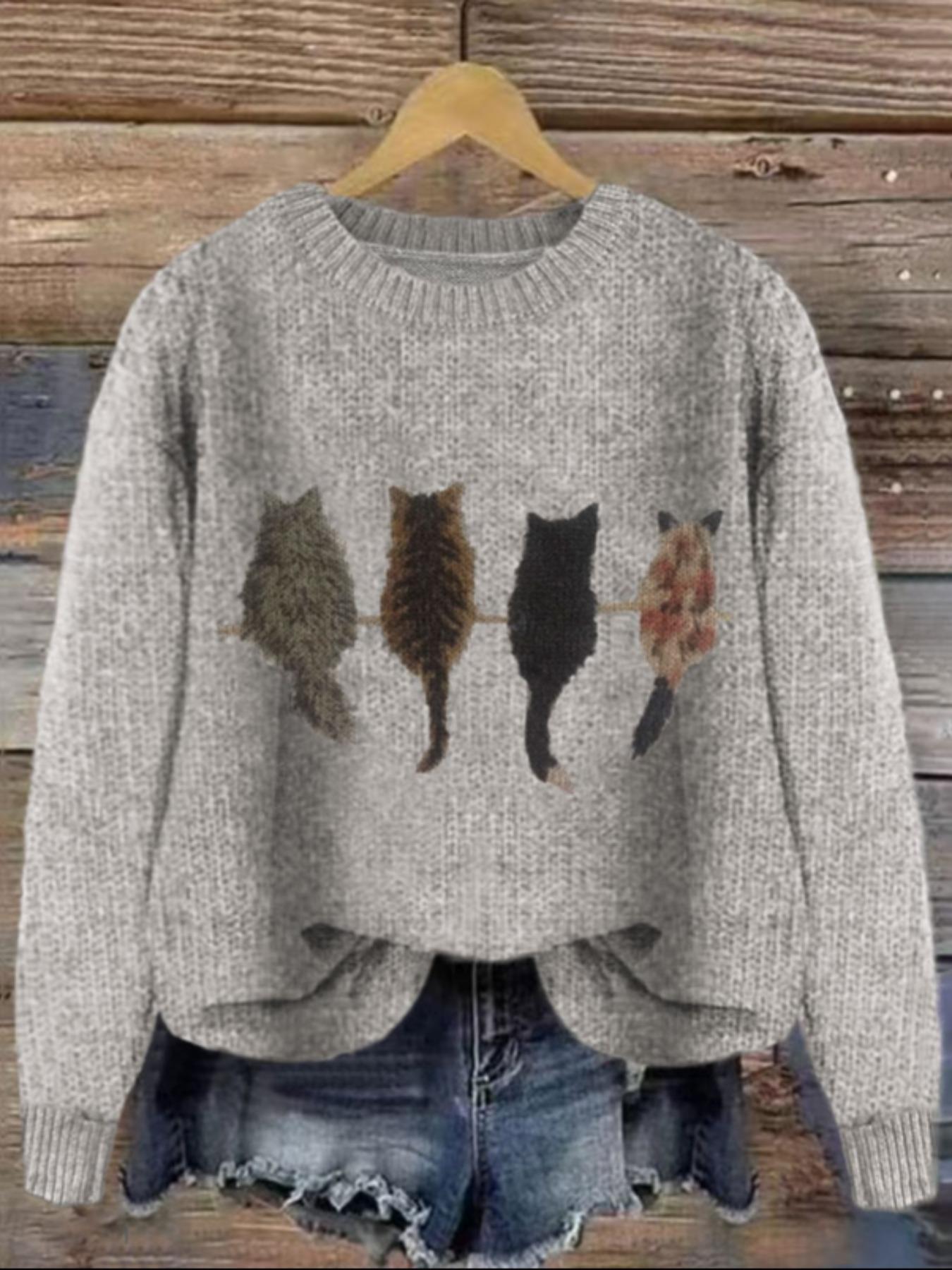 Women's Cat Print Drop Shoulder Knitted Sweater, Casual Long Sleeve Round Neck Animal Print Jumper for Fall & Winter, Fashion Ladies' Knitwear for Daily Wear, Womenswear