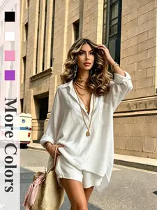 2026 New Women's Summer Fashion Set, Casual Loose-Fit Short Sleeve Shirt & Shorts, Breathable Beachwear, Daily Wear Two-Piece