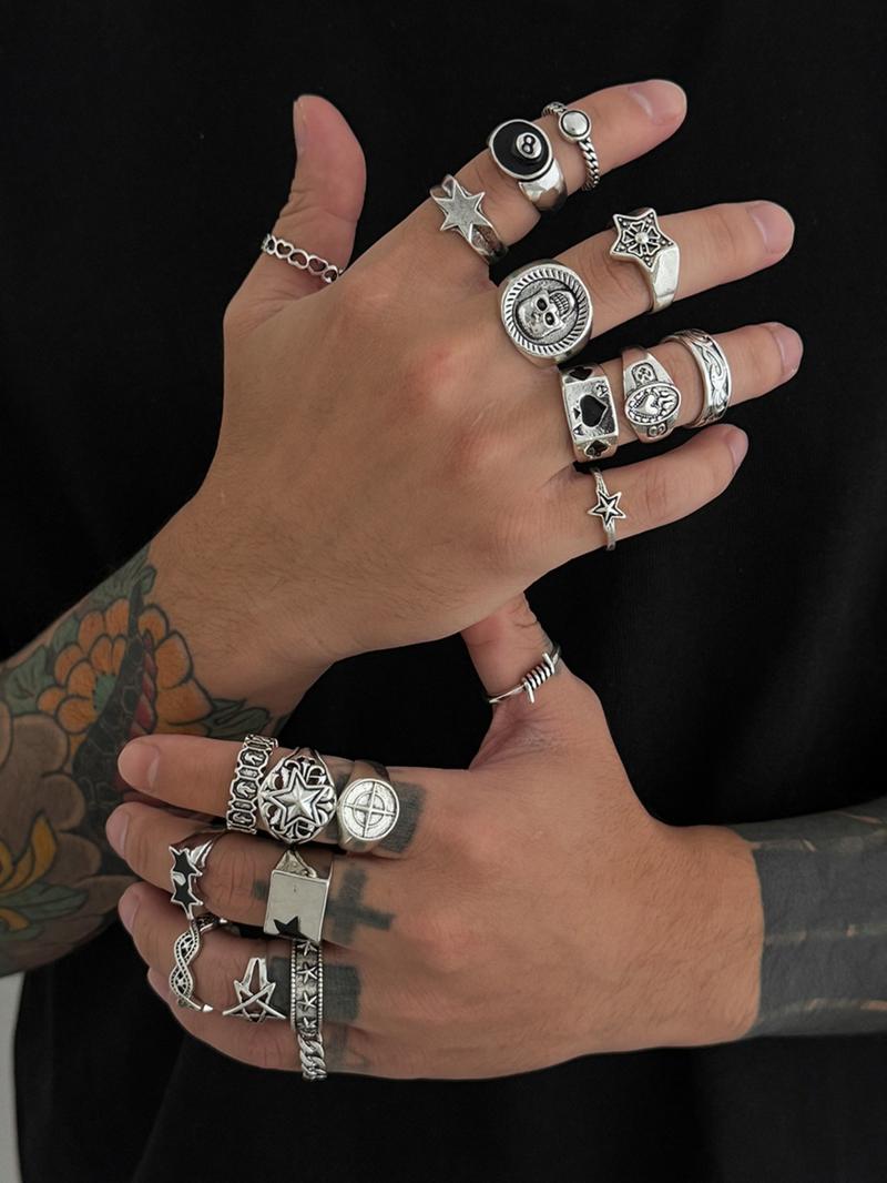 20 Piece Vintage Star Skull Stacking Ring Set, Dark Punk Joint, Holiday Gift, Street Style Charm Accessories, All Seasons