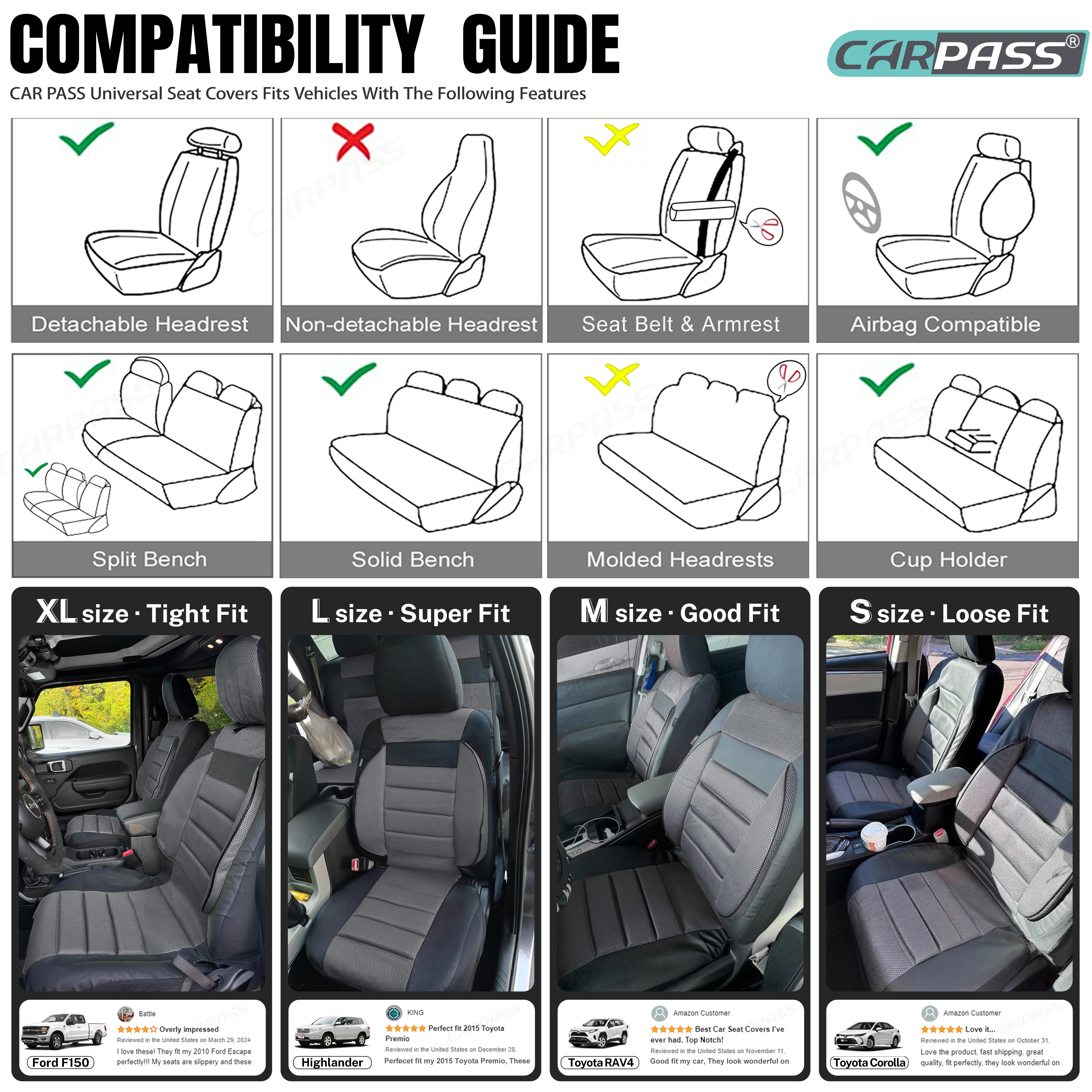 CAR PASS Leather Car Seat Covers Full Set Universal waterproof, 3D Foam Support  Universal Fit for Trucks Vans SUVs Sedans Automotive ，Airbag Compatible