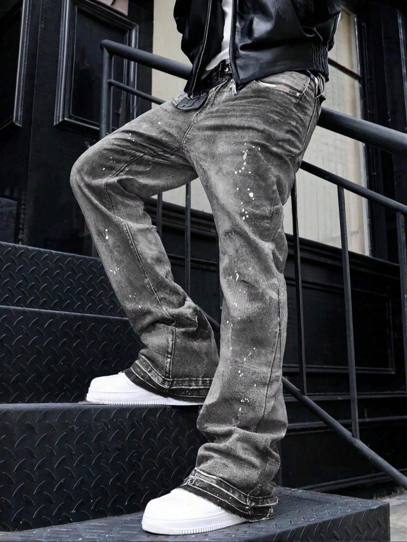 Men's High-End Casual Loose Fit Jeans, All Seasons Button Fly Zipper Micro Flare Pants, Plain Washed Denim Bottoms