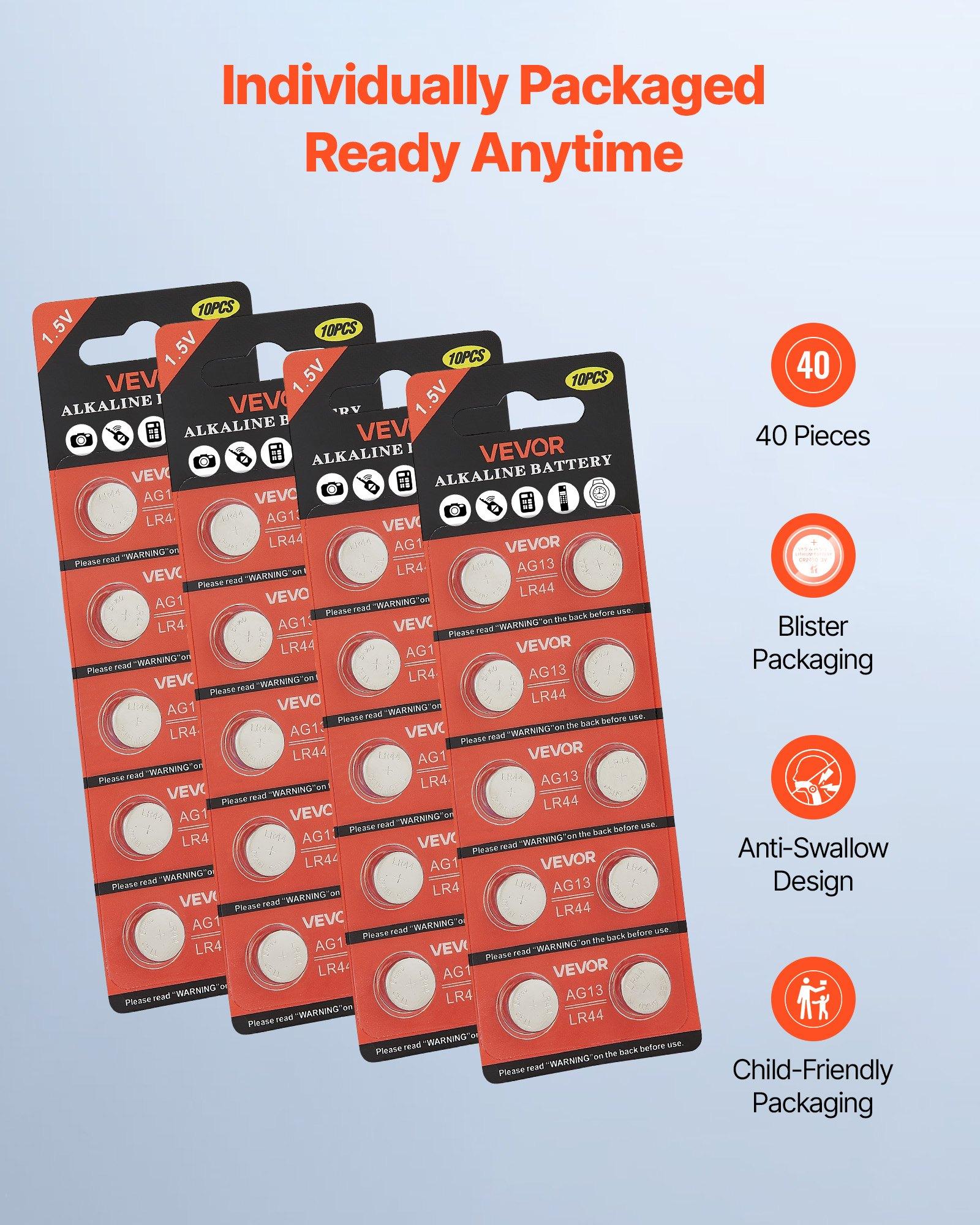 【DealsForYouDays】VEVOR Button Cell Battery, 4 Pack (40 Count) LR44 Alkaline Batteries Non-Mercury, AG13 357 303 SR44 Battery 1.5V Button Coin Cell Batteries for Remote Controls, Heart Rate Monitors, and Other Devices 【DealsForYouDays】VEVOR Button Cell Battery, 4 Pack (40 Count) LR44 Alkaline Batteries Non-Mercury, AG13 357 303 SR44 Battery 1.5V Button Coin Cell Batteries for Remote Controls, Heart Rate Monitors, and Other Devices