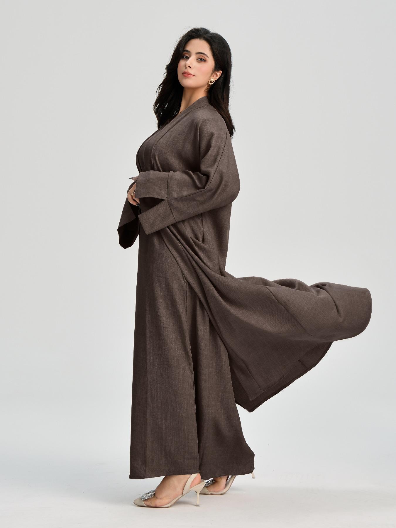 Women's Solid Color Belted Abaya & Dress Two-piece Set, Casual Long Sleeve Open Front Outerwear & Dress Set, Modest Muslim Outfits, Ladies Islamic Clothing for All Seasons