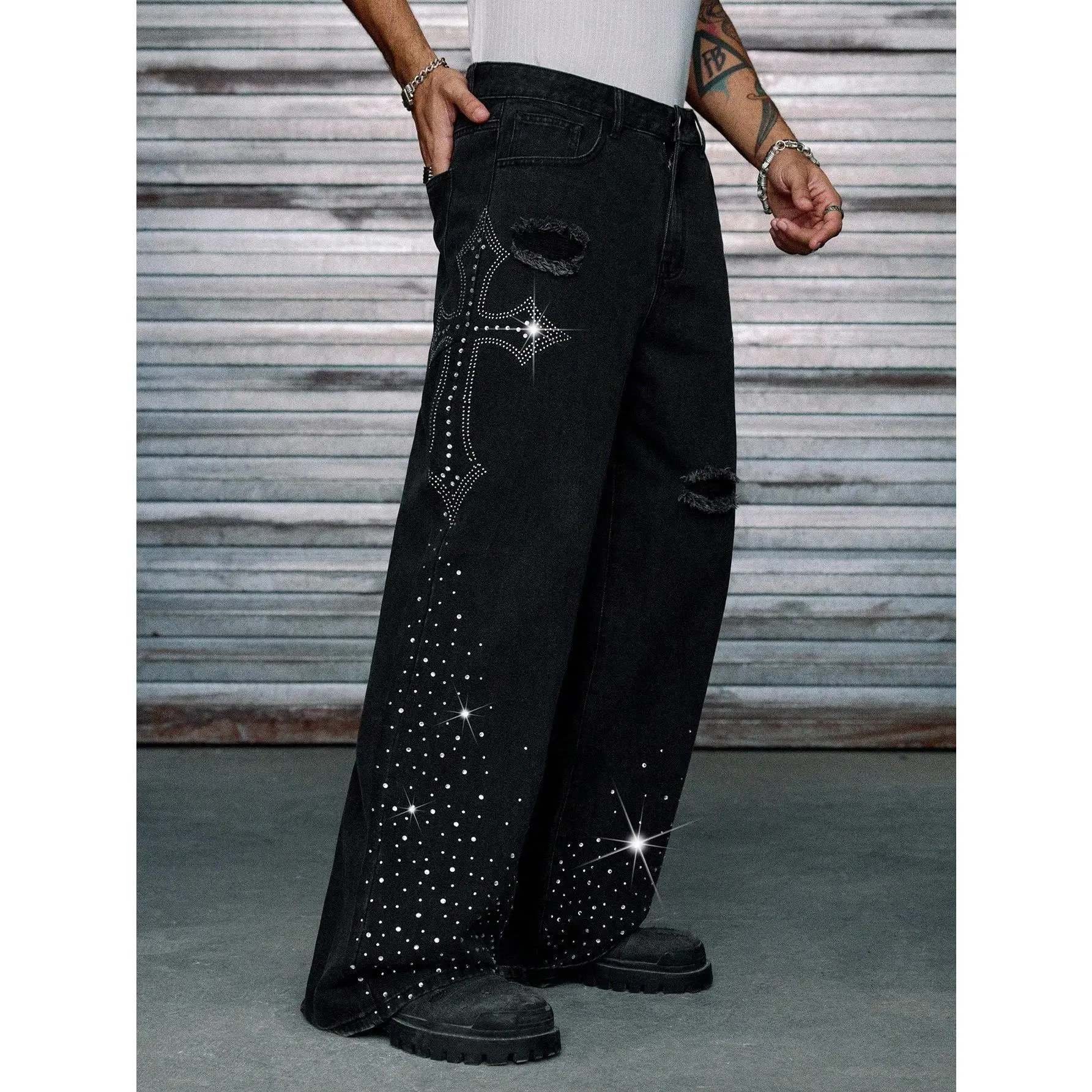 Men's Y2K Rhinestone Star Distressed Baggy Wide Leg Jeans